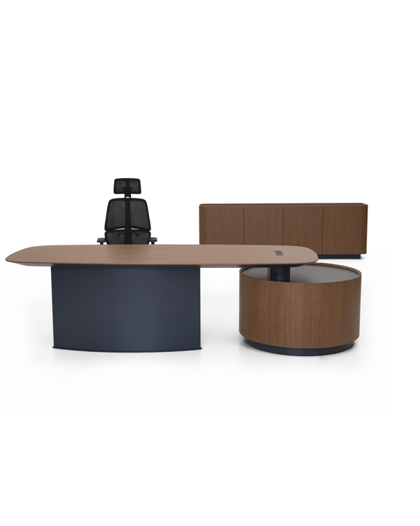 Bureau de direction avec crédence ronde et rangement intégré - Plan