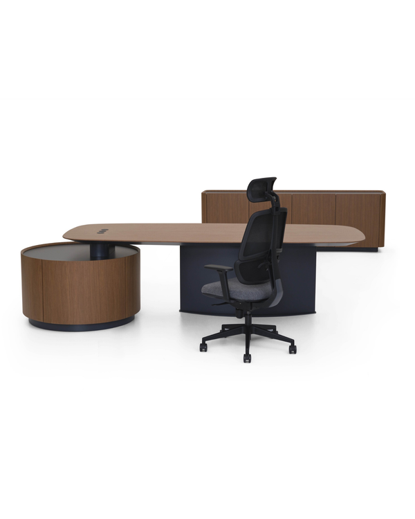 Bureau de direction avec crédence ronde et rangement intégré - Plan