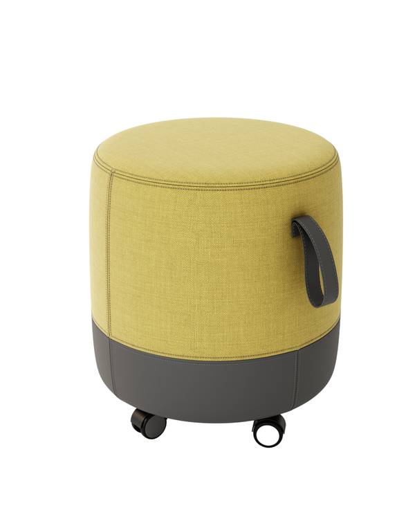 Pouf rond mobile sur roulettes avec assise en cuir et tissu - Otto